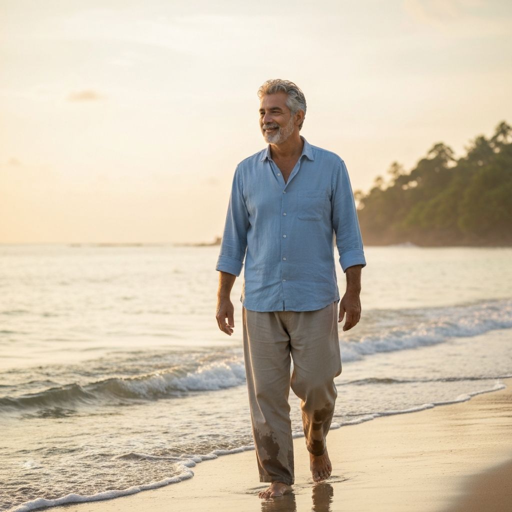 Pria berjalan di pantai saat matahari terbit